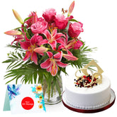 Roses and Lilies Glass vase with Vanila Cream cake